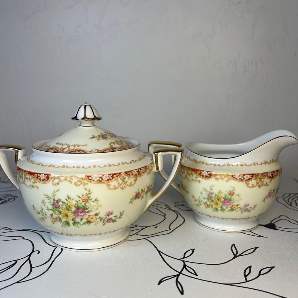 Noritake 1930's Vintage Floral Sugar Bowl with Lid and Creamer Set Japan